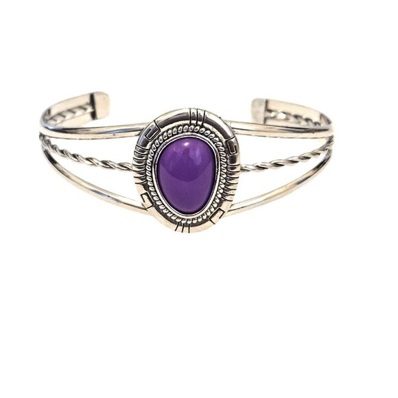 Silver Tone & Purple Cabachon Cuff Bracelet - Picture 1 of 3